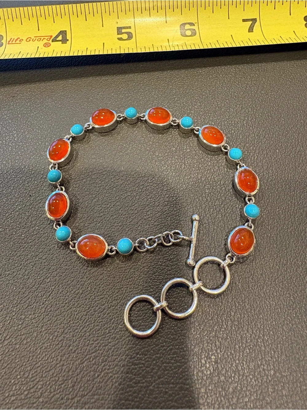 Sterling Silver Bracelet with Orange Carnelian and Turquoise cabochons